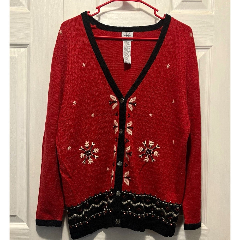 Vintage IK Stephanie Red Beaded Snowflake Cardigan Sweater Size M Wool Blend